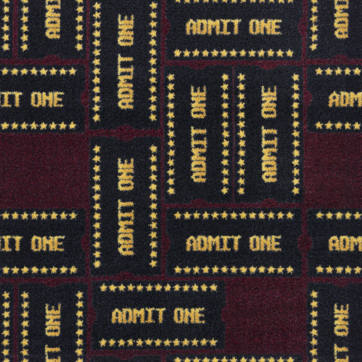 Admit One home theater carpet in Royalty — ticket motif pattern detail