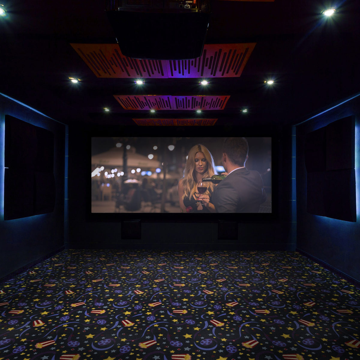 Feature Film home theater carpet installed in a home cinema — Joy Carpets Any Day Matinee broadloom