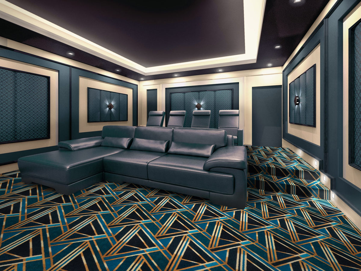 Moderne home theater carpet installed in a home cinema — Joy Carpets Any Day Matinee broadloom