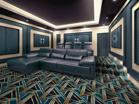 Moderne home theater carpet installed in a home cinema — Joy Carpets Any Day Matinee broadloom
