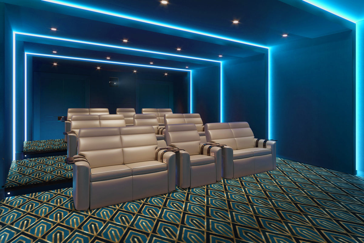 Pinnacle home theater carpet installed in a home cinema — Joy Carpets Any Day Matinee broadloom