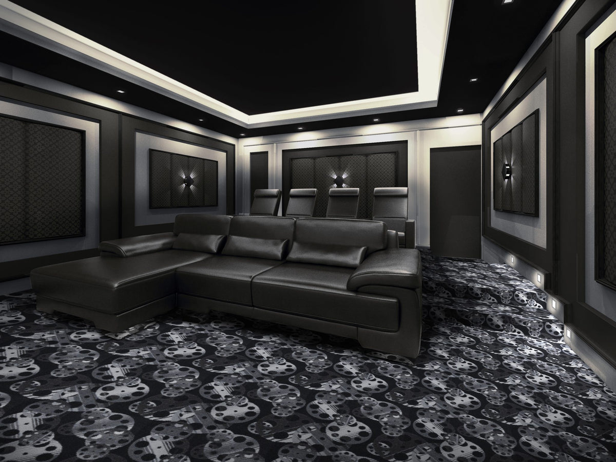 Reeling home theater carpet installed in a home cinema — Joy Carpets Any Day Matinee broadloom