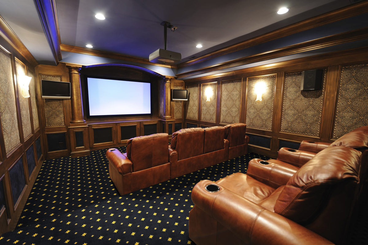 Walk of Fame home theater carpet installed in a home cinema — Joy Carpets Any Day Matinee broadloom