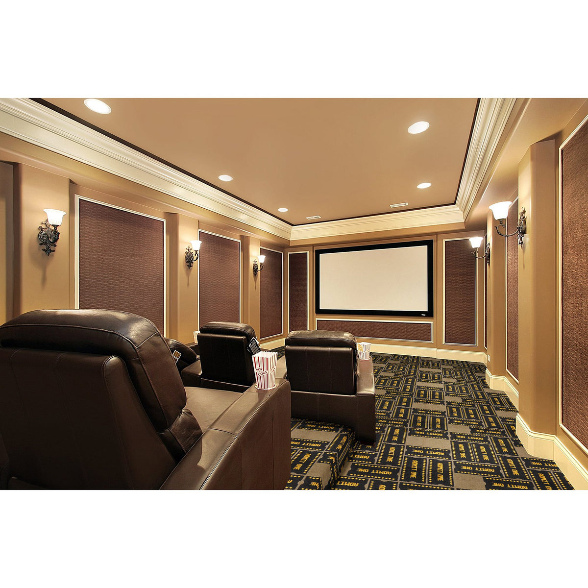 Admit One home theater carpet in Brown shown across a theater floor