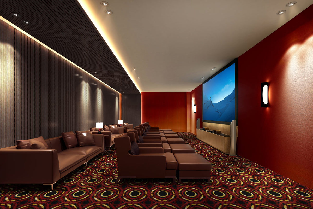 Mayfair home theater carpet in Ruby in a finished theater room