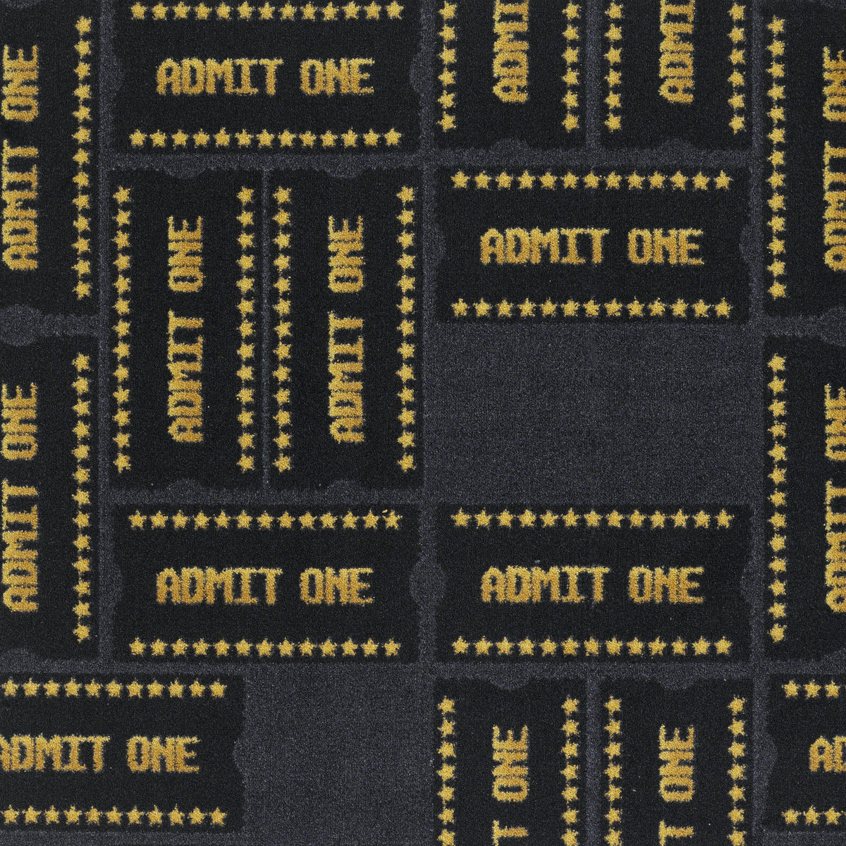 Admit One home theater carpet in Black — ticket motif pattern detail