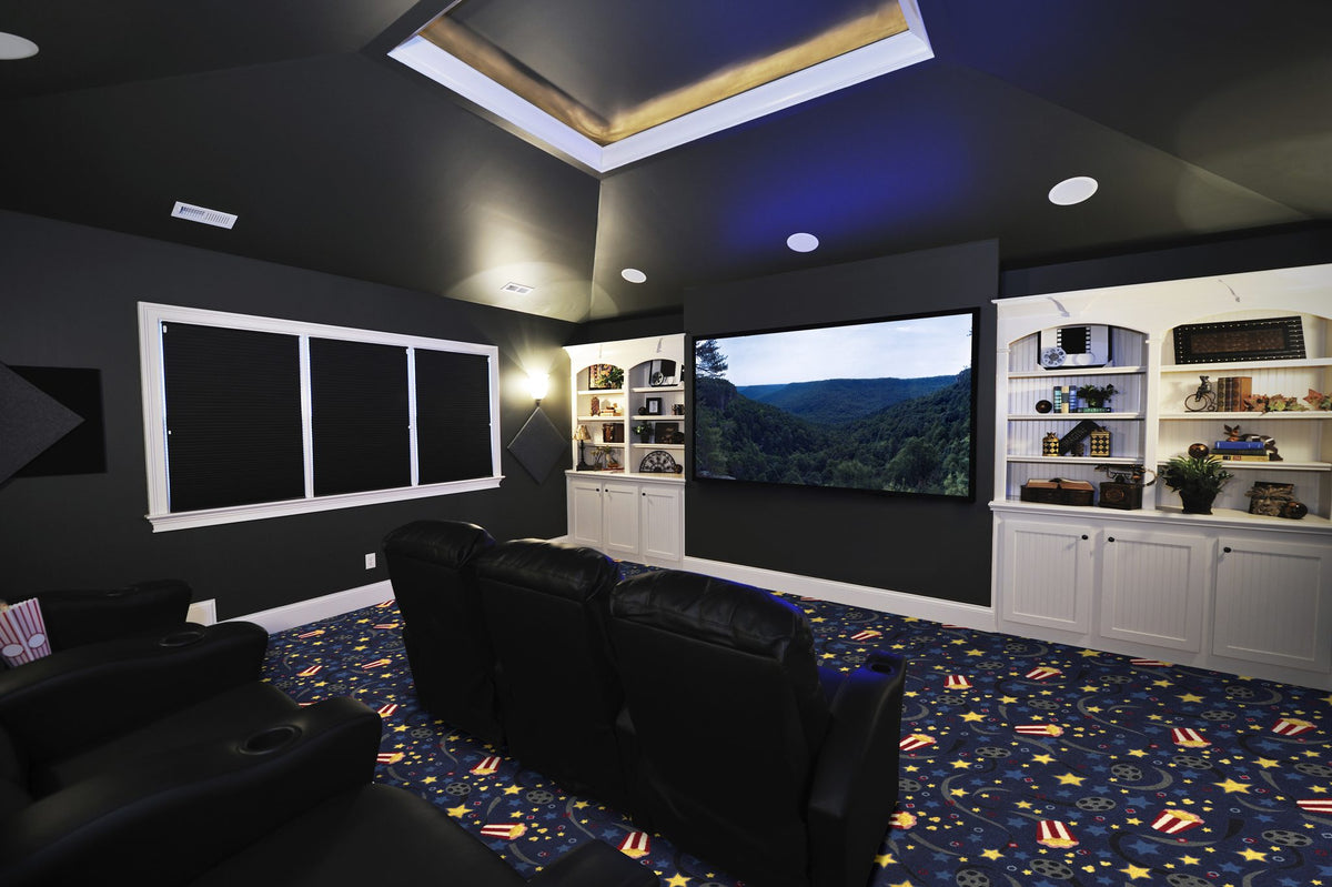 Feature Film home theater carpet in Navy shown across a theater floor