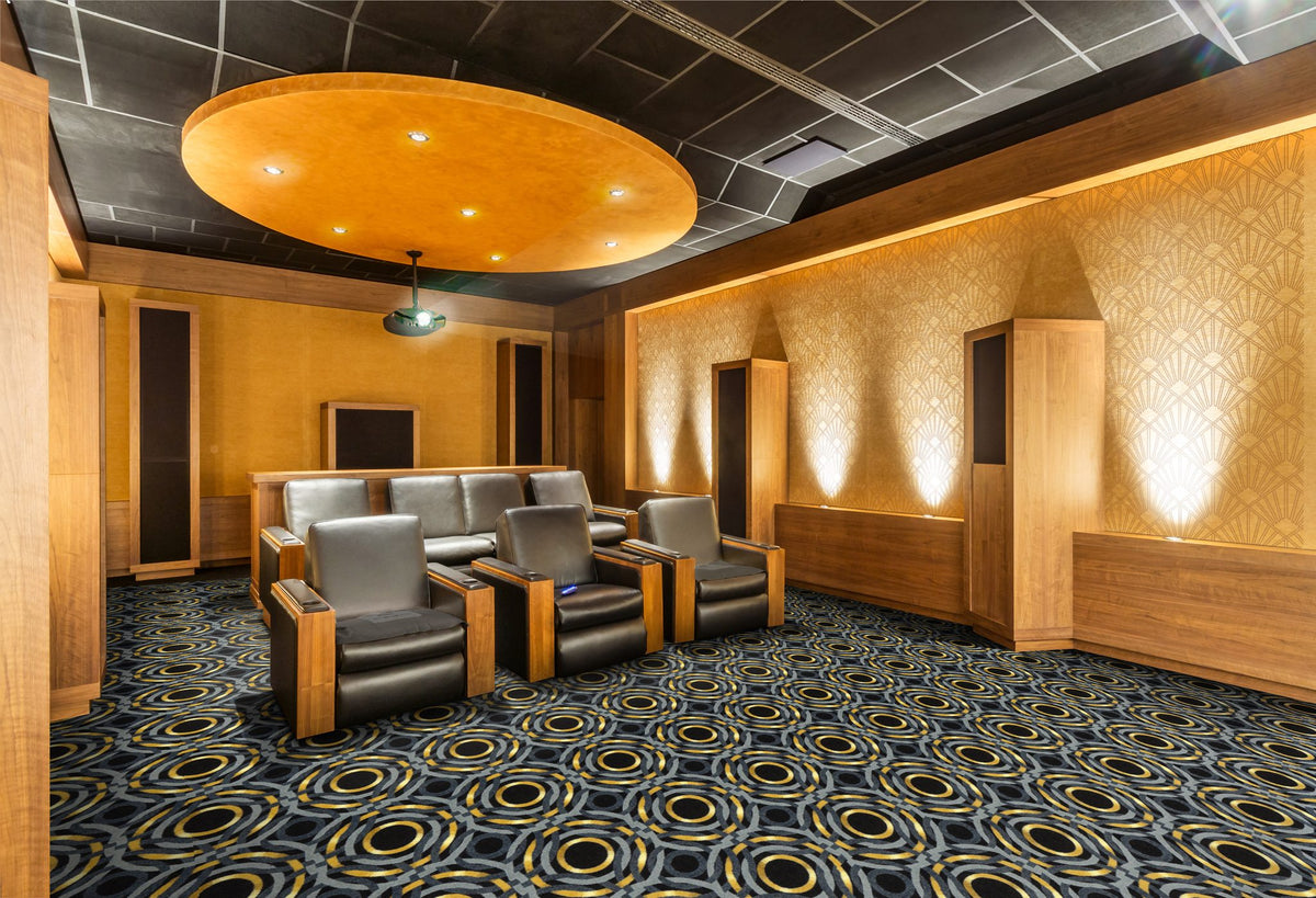Mayfair home theater carpet in Smoke shown across a theater floor