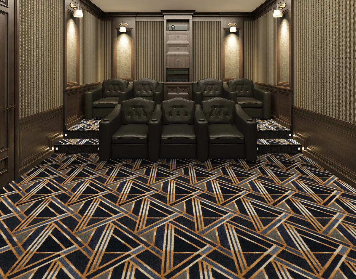 Moderne home theater carpet in Smoke shown across a theater floor