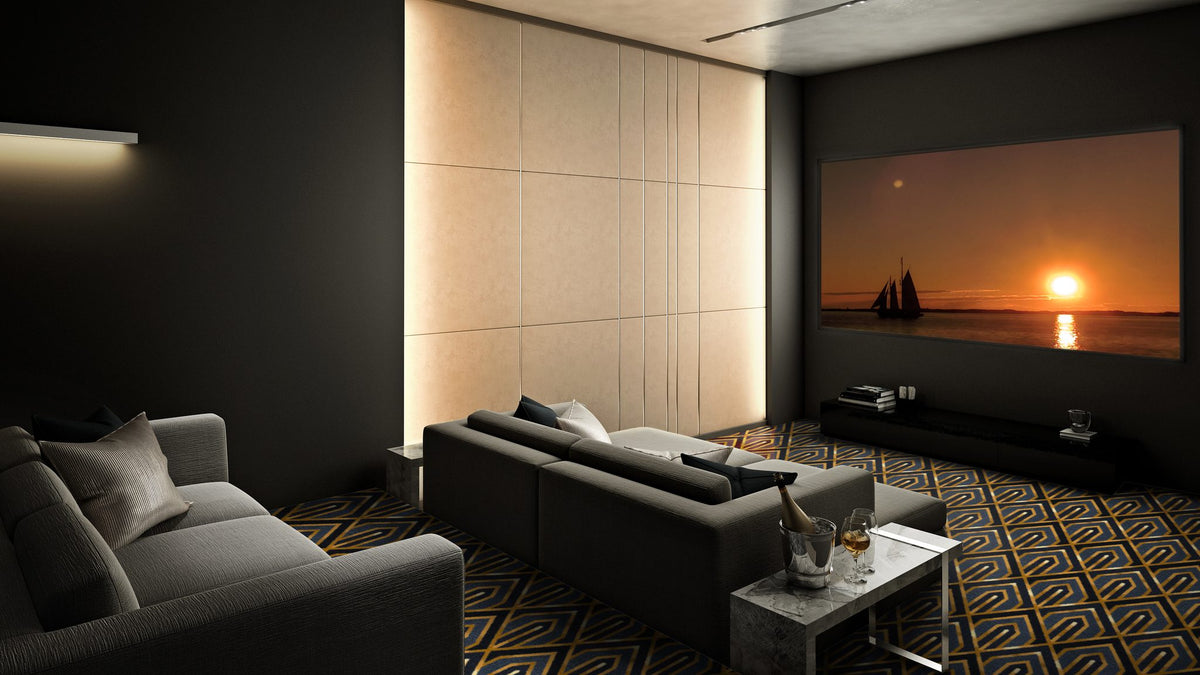 Pinnacle home theater carpet in Smoke shown across a theater floor