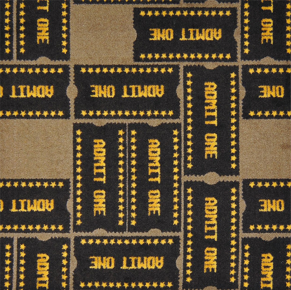 Admit One home theater carpet in Brown — ticket motif pattern detail