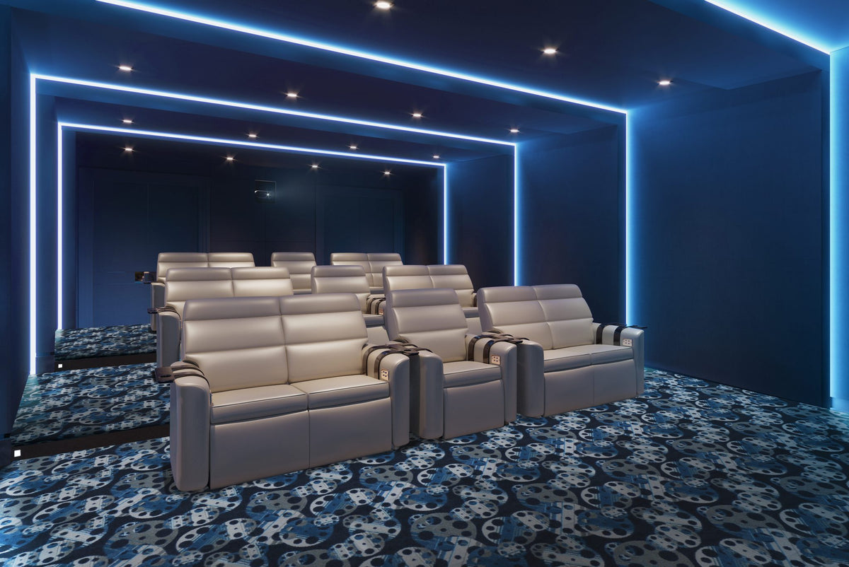 Reeling home theater carpet in Slate installed in a media room