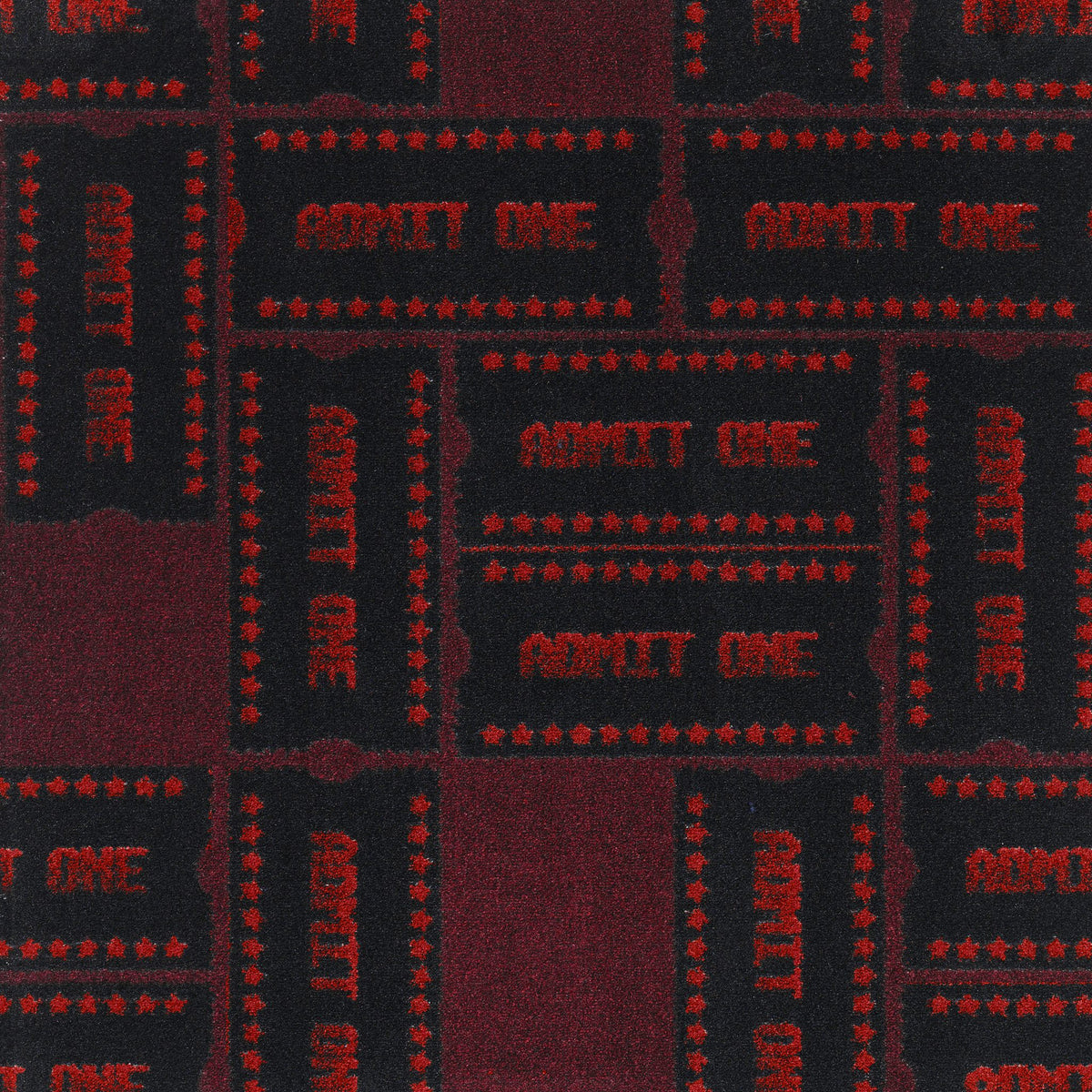 Admit One home theater carpet in Burgundy — ticket motif pattern detail