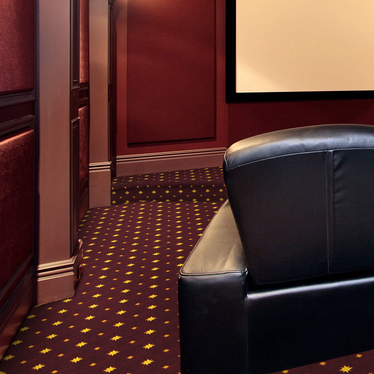 Walk of Fame carpet in Burgundy — angled close-up of printed pattern